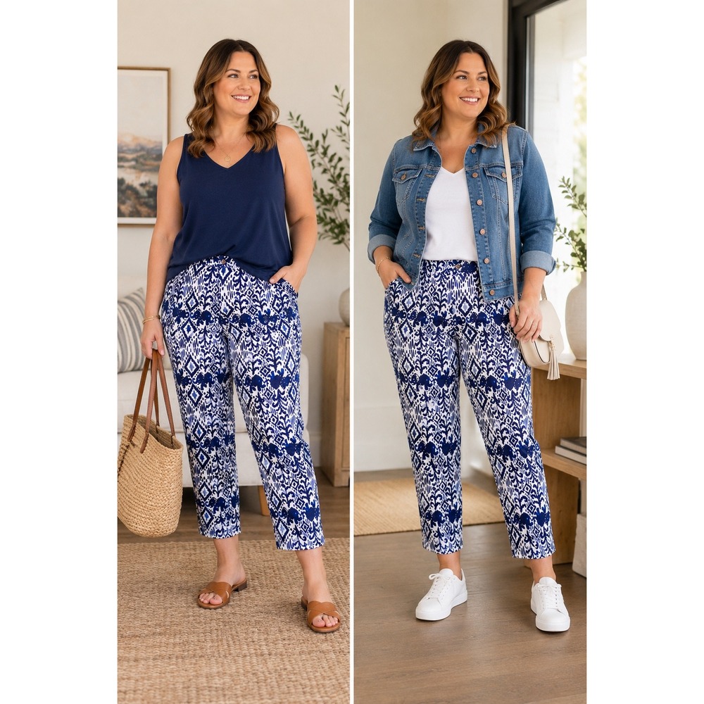Lilly Pulitzer Women's Blue White Printed Crop Ankle Pants Size 12 Stretch